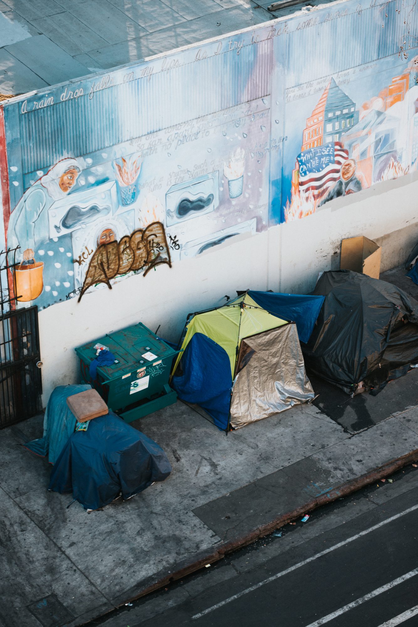 A street with camping tents used by homeless people