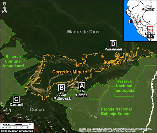 This map show the mining corridor established by Peruvian authorities and the significant mining that has gone on outside of this corridor. 